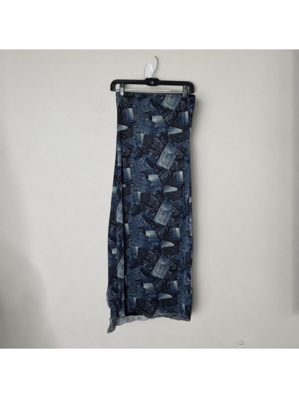 Y2K Denim Print Strapless Maxi Micro Mesh Dress Jean Patchwork Slit